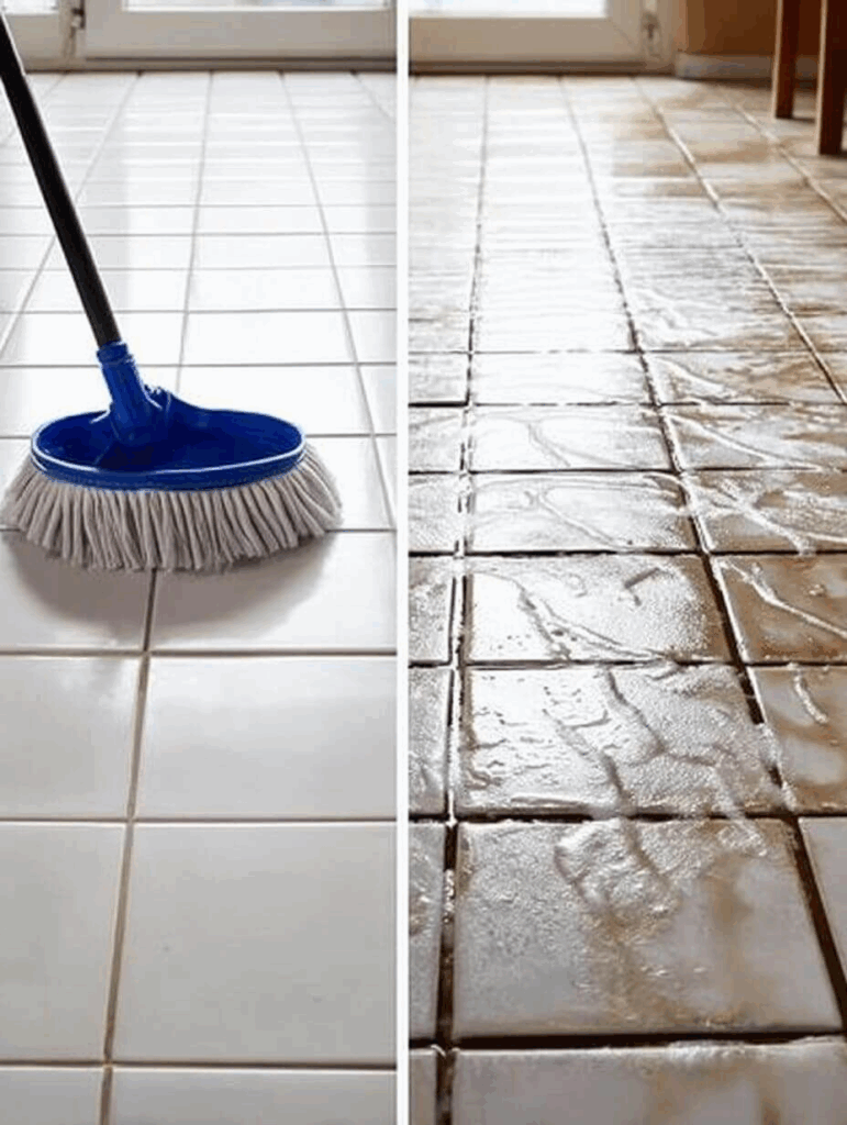 Before and after tile floor cleaning showing dramatic results