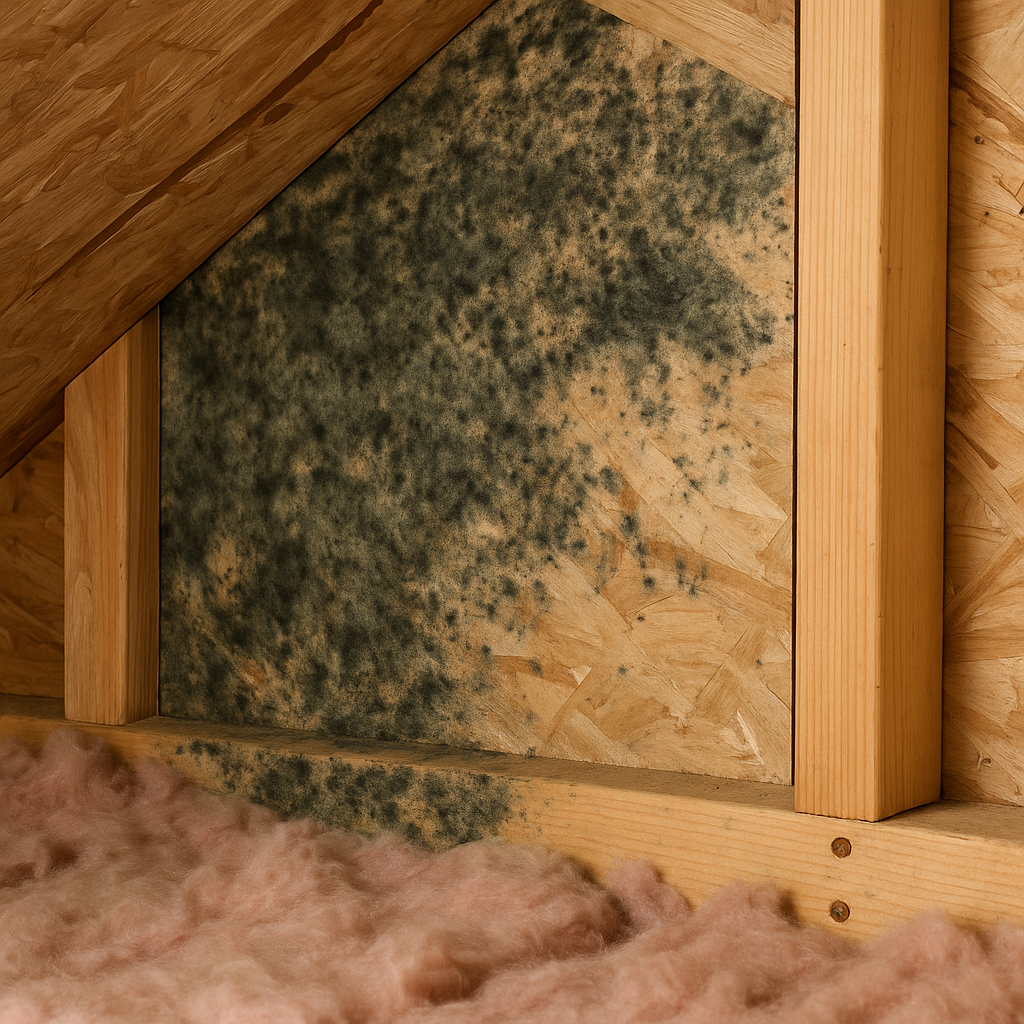 Black mold growth on attic wood panel with insulation