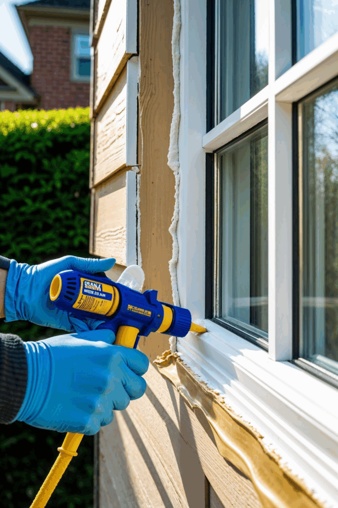 Applying spray foam insulation around exterior house window frame