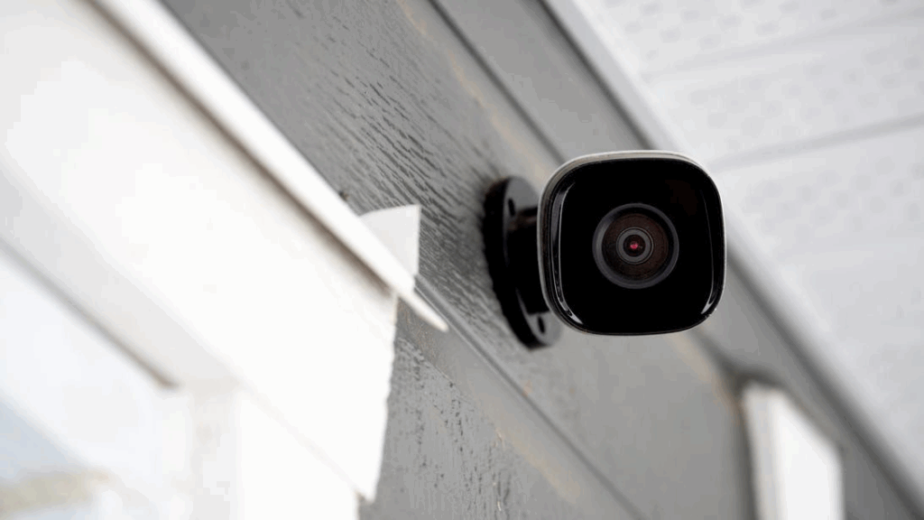 Outdoor home security camera mounted on exterior house wall